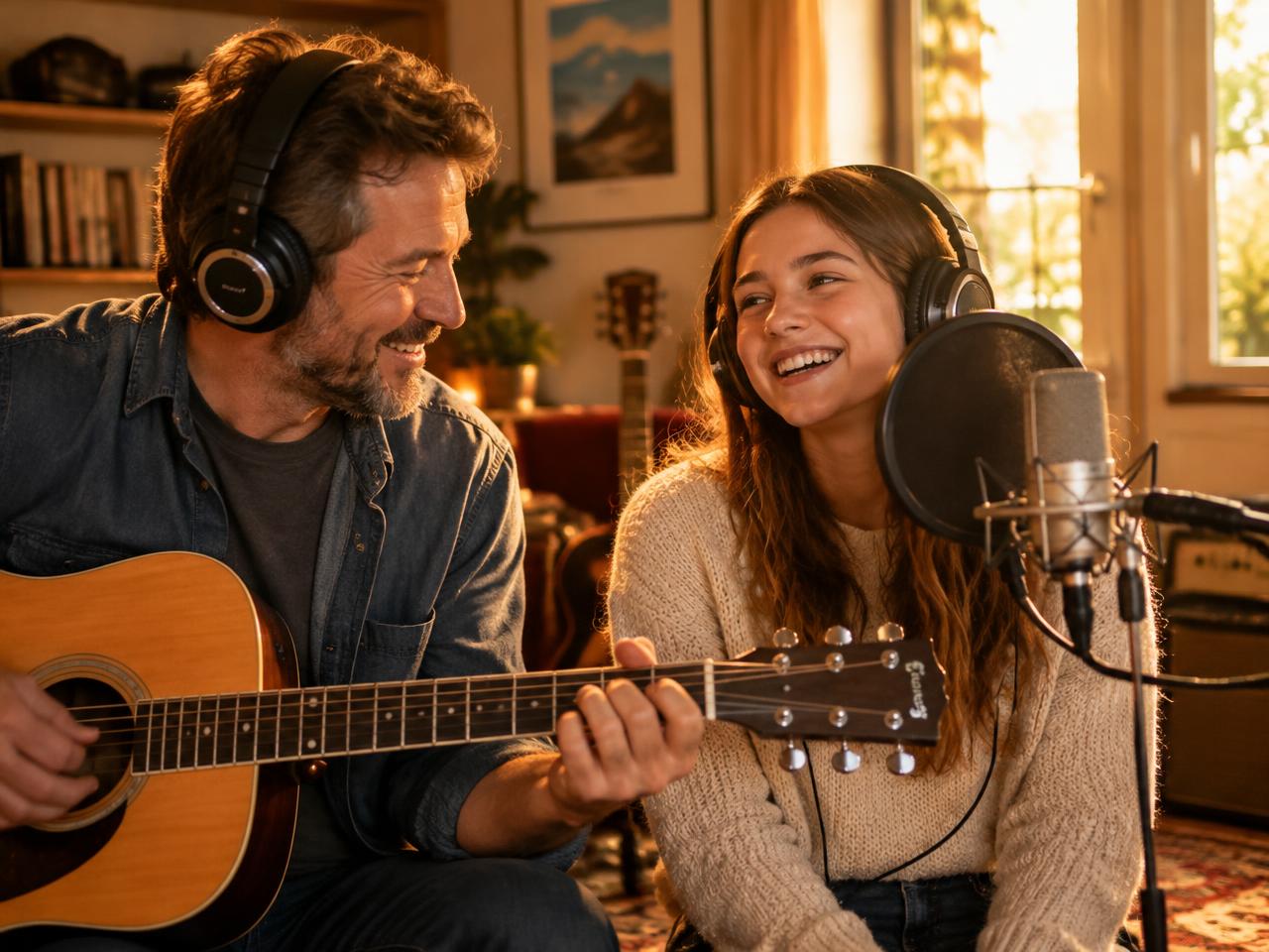 Parent and teenager recording music together