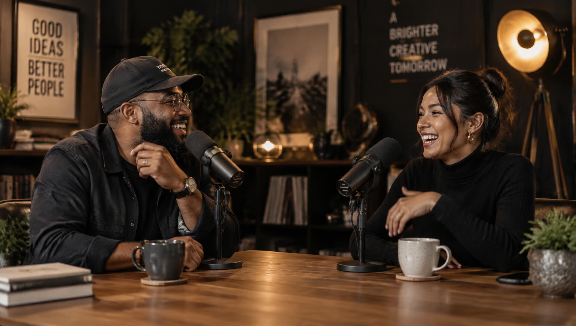 Two entrepreneurs laughing during a podcast conversation