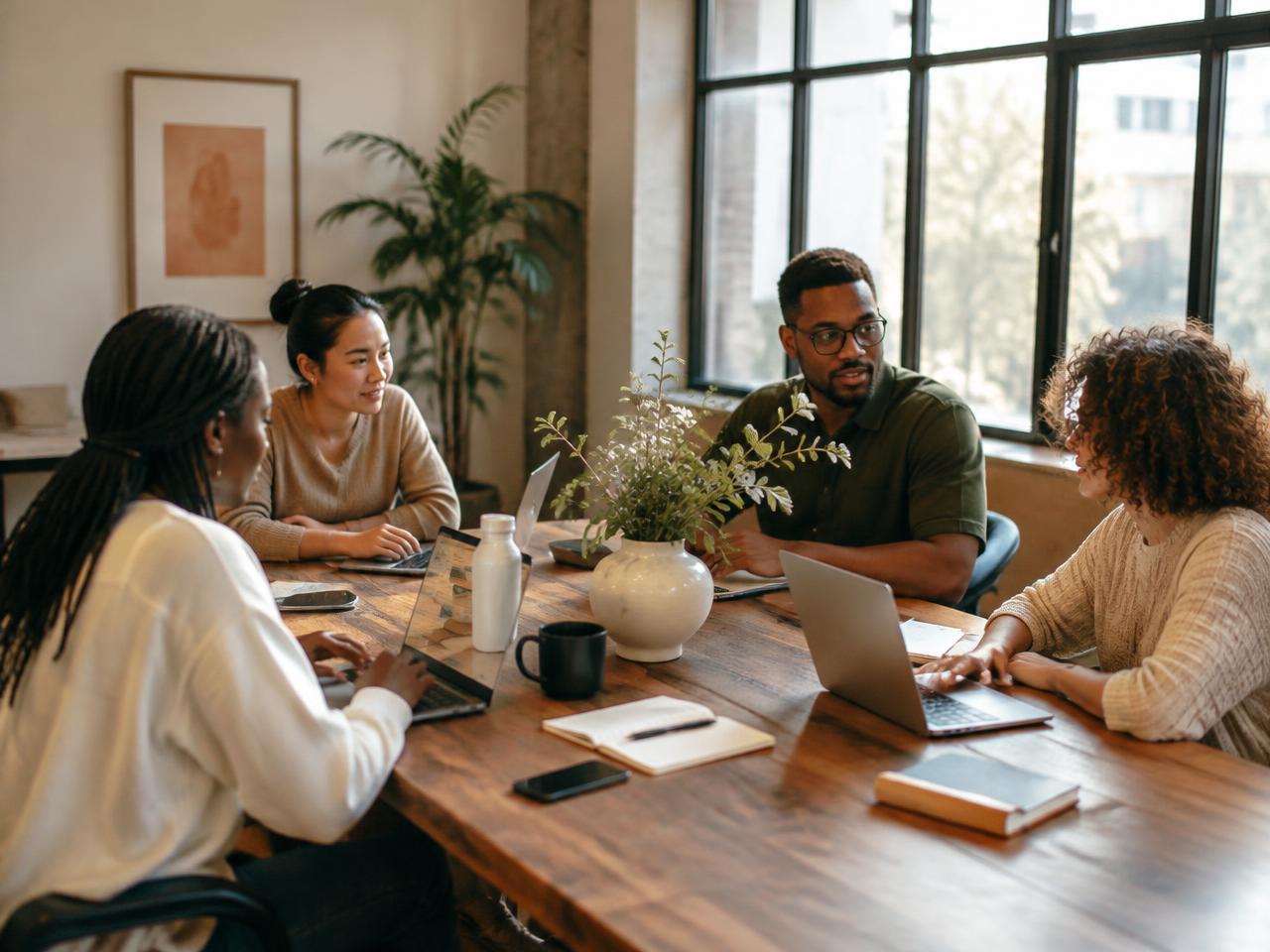 Small group learning together around a table